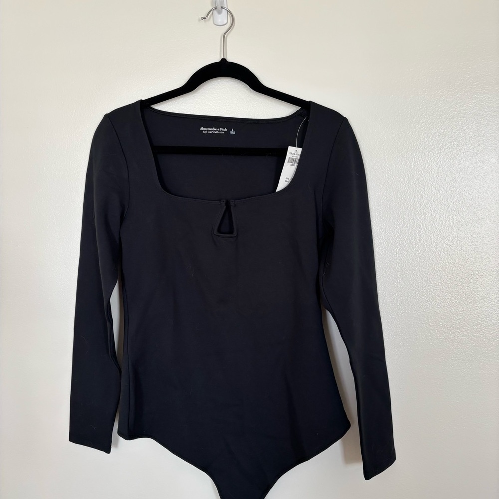 Abercrombie & Fitch Women's Black Long-Sleeve Ponte Notch-Neck Bodysuit